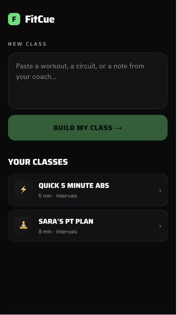 FitCue home: paste a workout and generate a class